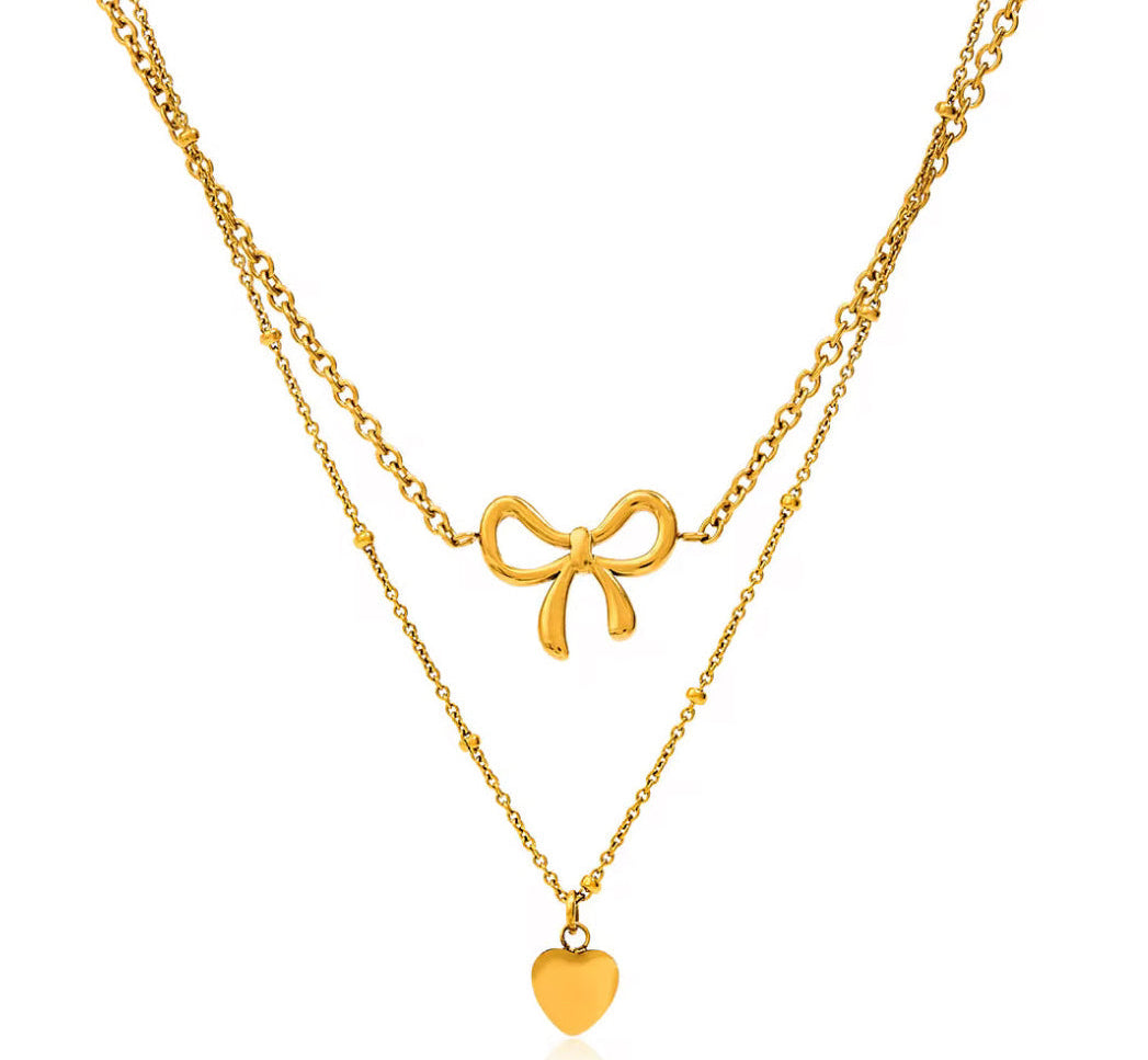 Bow Heart-Shaped Double Layered Necklace